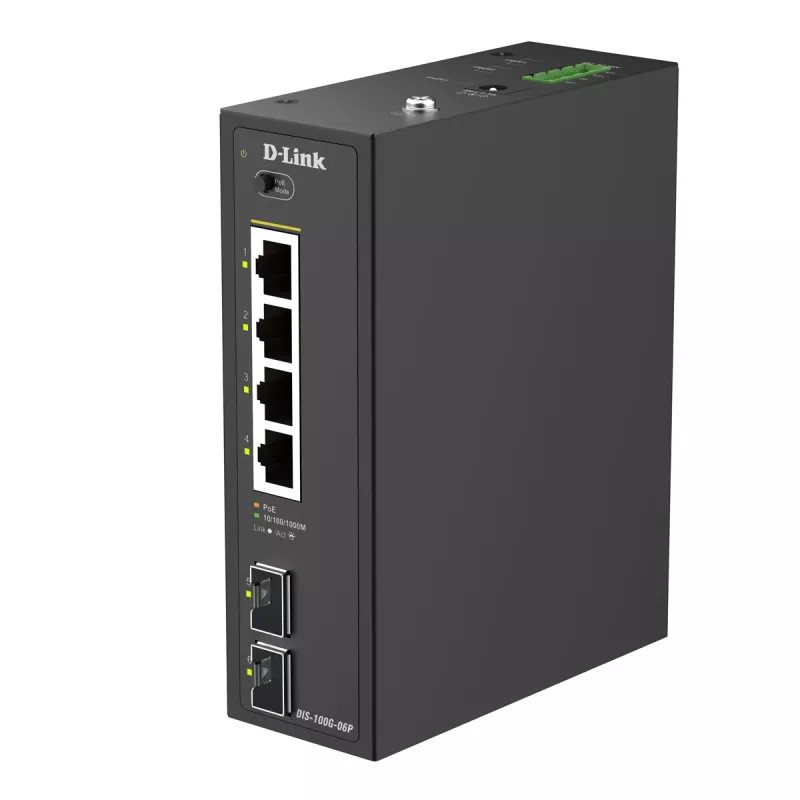 D-Link switch industrial Gigabit PoE+ no gestionado de 6 puertos con 2 puertos SFP