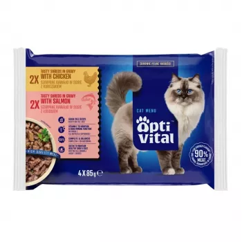 OptiVital Bolsitas - Alimento completo para gatos adultos con pollo y salmón 4x85g