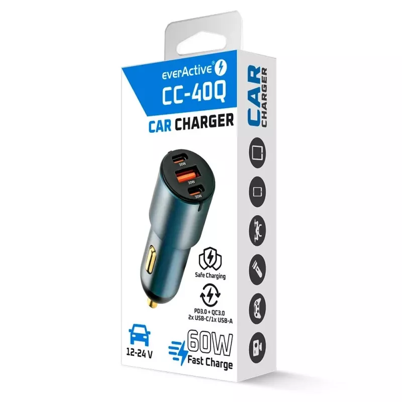 Cargador de coche everActive CC-40Q QC3.0 60W, adaptador de coche USB para cargar dispositivos móviles