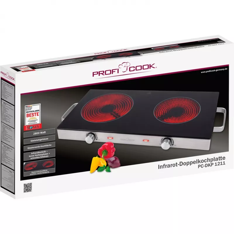 Placa vitrocerámica ProfiCook PC-DKP 1211, 2 zonas de cocción, superficie vitrocerámica, mandos giratorios