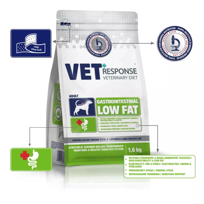 VET RESPONSE Gastrointestinal Low fat - Pienso seco para perros - 1,6 kg