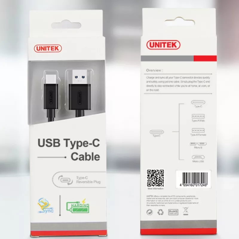 Cable USB Unitek Y-C474BK USB 3.2 Gen 1 (3.1 Gen 1) 1 m USB A USB C negro