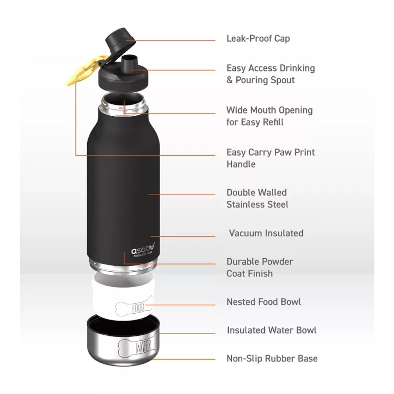 Asobu - Dog Bowl Buddy - Botella de acero inoxidable con 2 comederos negra