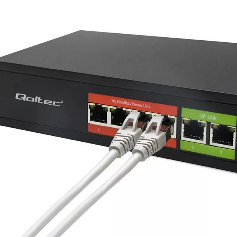 Switch Ethernet PoE QOLTEC 52289 — 4x puertos RJ45 PoE, 2x RJ45 uplink, presupuesto PoE 65W