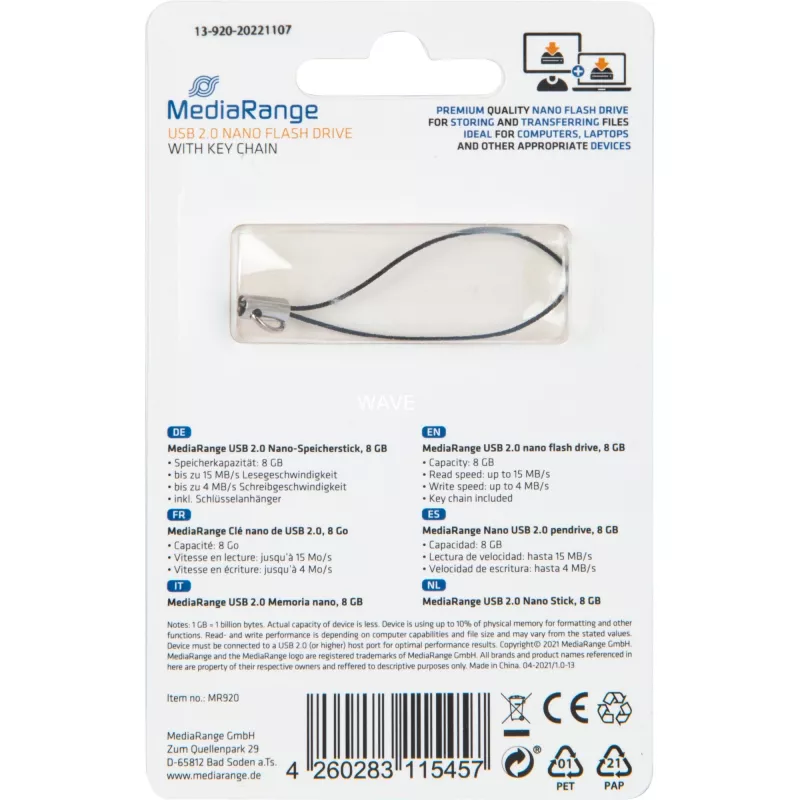MediaRange Nano - Memoria flash USB - 8 GB - USB2.0 - Negro (MR920)