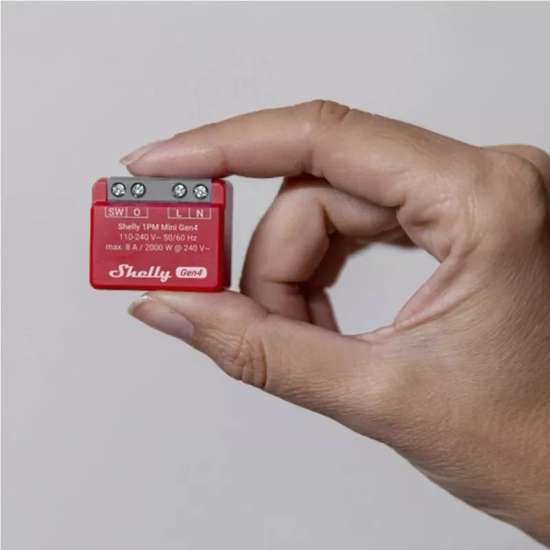 Interruptor inteligente Shelly 1PM Mini Gen4, inalámbrico 110–240 V AC, máx. 8 A / 2000 W, carcasa de plástico 34×16×29 mm