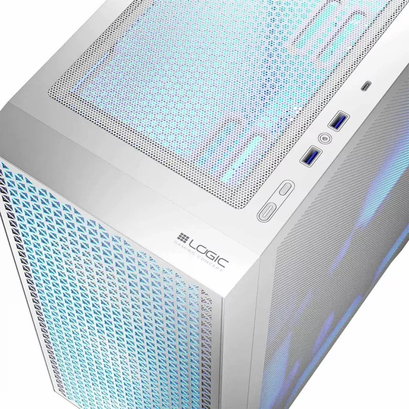Caja de PC LOGIC Dart Pro Midi ARGB blanca — torre Midi, ATX, 456×200×385 mm, GPU máx. 34 cm, altura de disipador de CPU 155 mm, 3x120mm frontal + 1x120mm trasero, USB 3.0 x2, USB-C x1