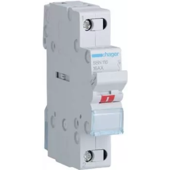 Hager SBN116. Corriente nominal: 16 A. Anchura: 17,5 mm, profundidad: 68 mm, altura: 83 mm. Tensión de bobina (máx.): 440 V (SBN116)