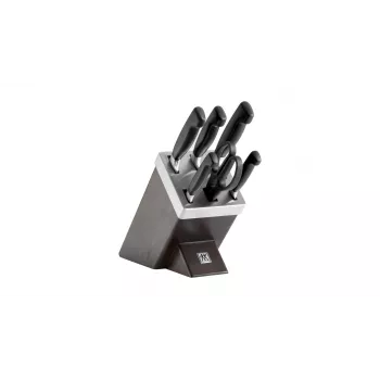 Set de cuchillos y tabla de cortar ZWILLING 35145-000-0 — 7 piezas, hojas de acero inoxidable, mangos de plástico, incluye cuchillo de pan, pelador, cocinero, de trinchar, compartimento para tijeras