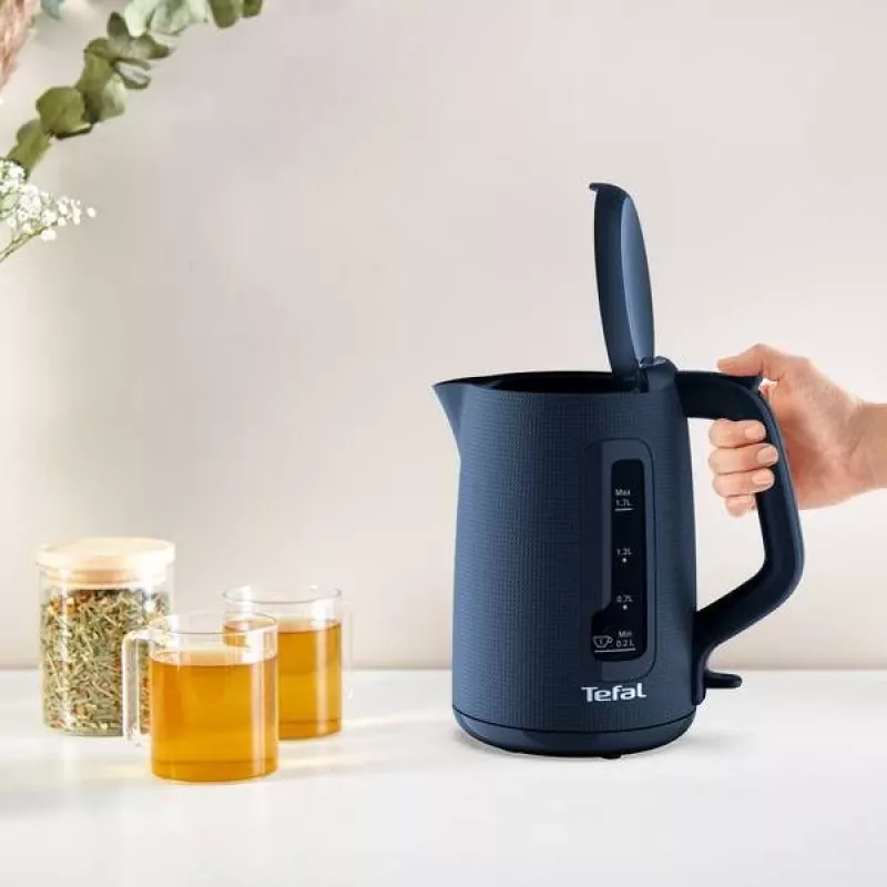 Hervidor eléctrico Tefal KO2M0410 — 1,7 L, 2400 W, azul, indicador de nivel de agua, filtro antical
