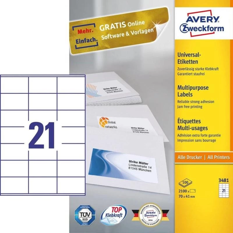 Etiquetas autoadhesivas rectangulares Avery 3481 permanente blanco 2100 uds.
