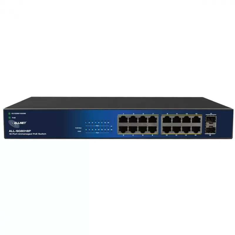 Switch PoE Gigabit de 18 puertos ALLNET ALL-SG8018P — 16 puertos PoE + 2 uplink, Gigabit Ethernet