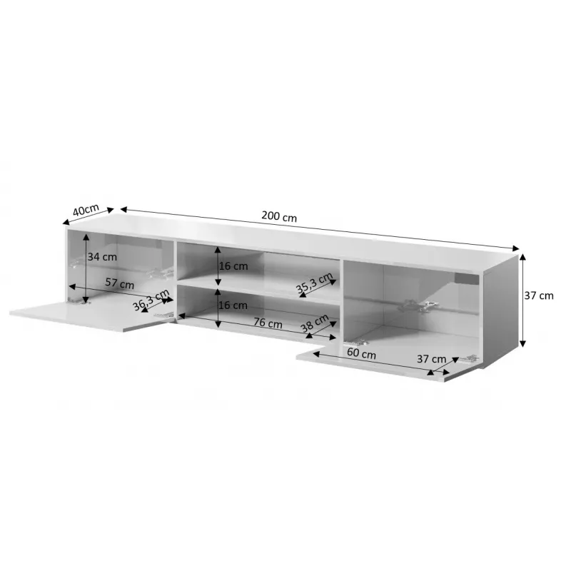 Mueble de TV Cama Meble SLIDE 200K — 200x40x37 cm, negro brillante, tablero de partículas superior