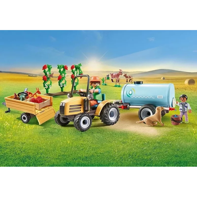 Playmobil 71442 Country: Tractor con remolque y depósito de agua – Cosecha fresca en la granja – Descubre el medio ambiente jugando – Juego de rol imaginativo