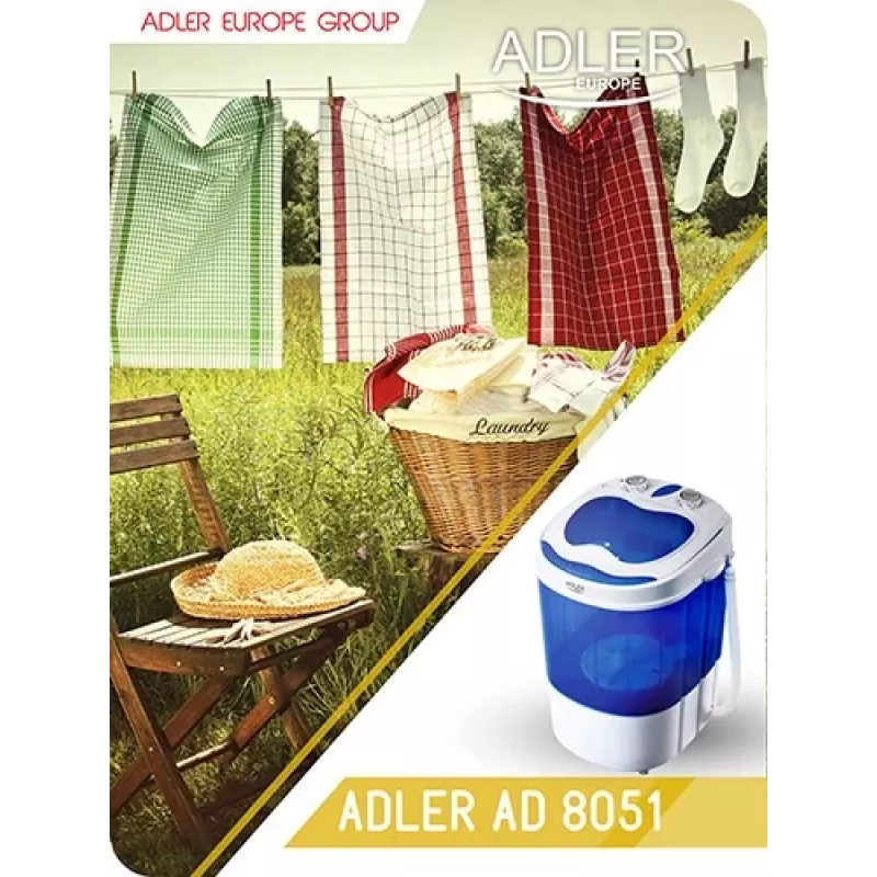 Adler AD 8051 lavadora de carga superior 3 kg con centrifugado, semiautomática, anchura 38 cm, profundidad 37 cm, blanco/azul
