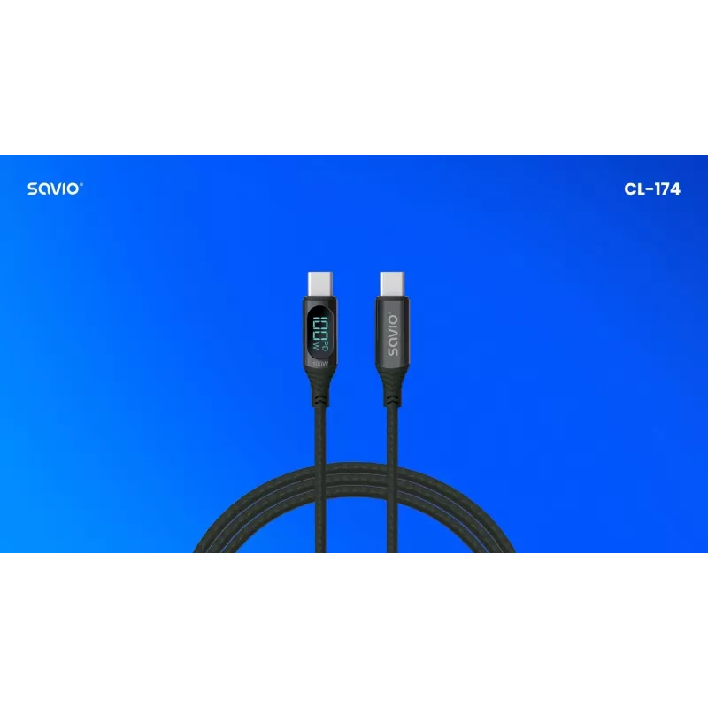 Savio CL-174 cable USB-C a USB-C, 100 W, Power Delivery/Quick Charge, pantalla digital, 1 m, verde
