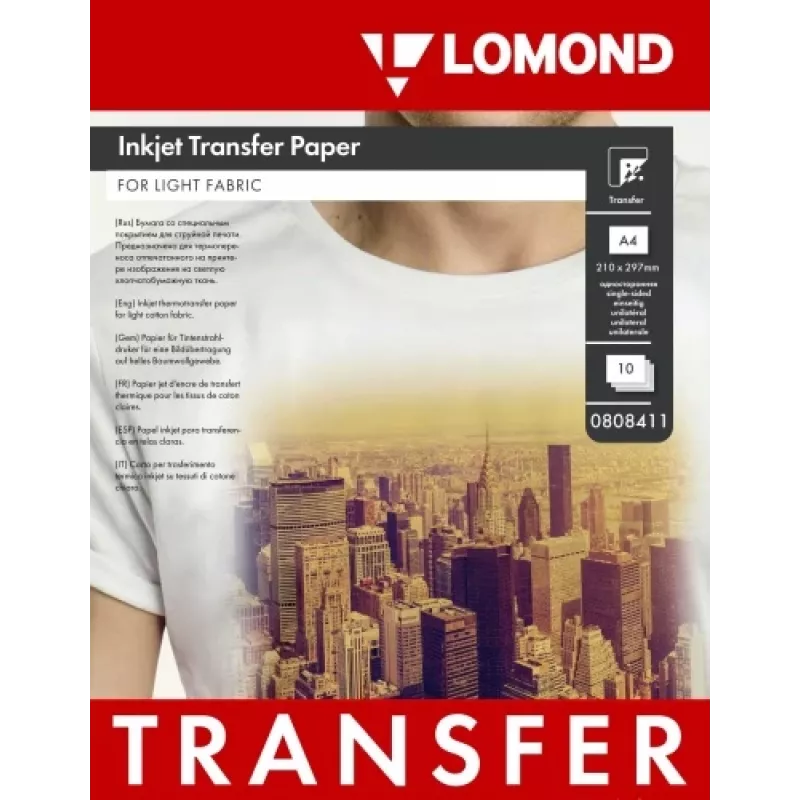 Papel de tinta para transferencia térmica Lomond A4, 10 hojas, para tejidos claros