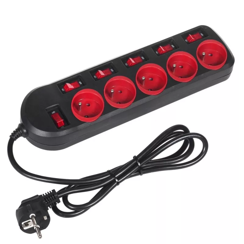 Alargador eléctrico MACLEAN MCE204 cable de 1,5 m, 5 tomas de CA, interior, negro/rojo