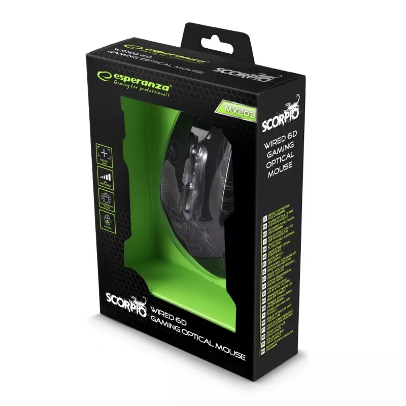 Esperanza MX203 SCORPIO - ratón - USB - azul - ratón - óptico - 6 botones - negro