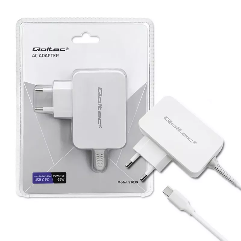 Qoltec 51039 adaptador de corriente 65 W USB-C PD, 5–20,3 V, 2–3,25 A, cable USB-C integrado, blanco