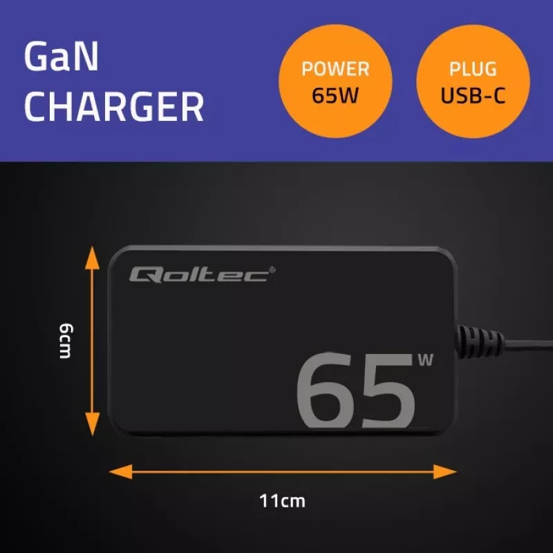 Cargador QOLTEC 65W GaN Super Fast slim PD 5-20V 3,25A USB-C