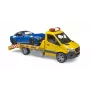 Bruder MB Sprinter transportador de coches con módulo de luz y sonido, naranja/azul, incl. roadster