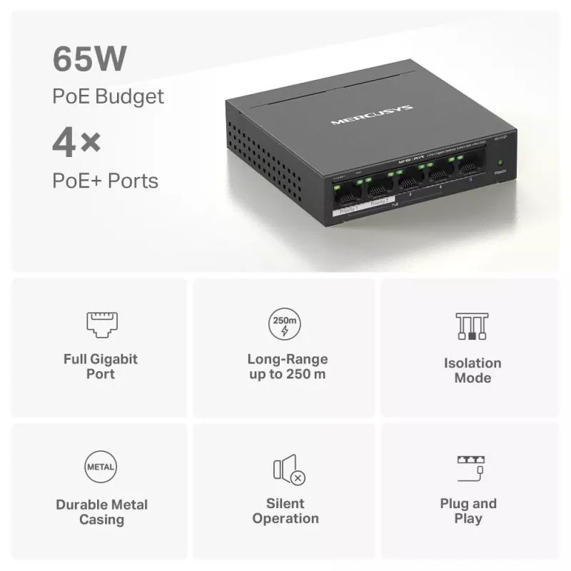 Mercusys switch de sobremesa Gigabit de 5 puertos con 4 puertos PoE+