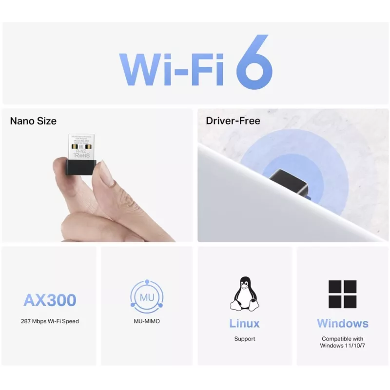 Mercusys MA14N AX3000 Nano adaptador USB Wi-Fi, hasta 287 Mbps