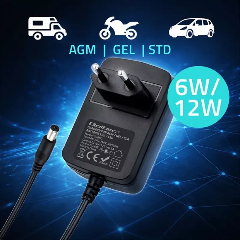 Cargador de baterías QOLTEC Modelo 52660 — 6V/12V, cargador 6W