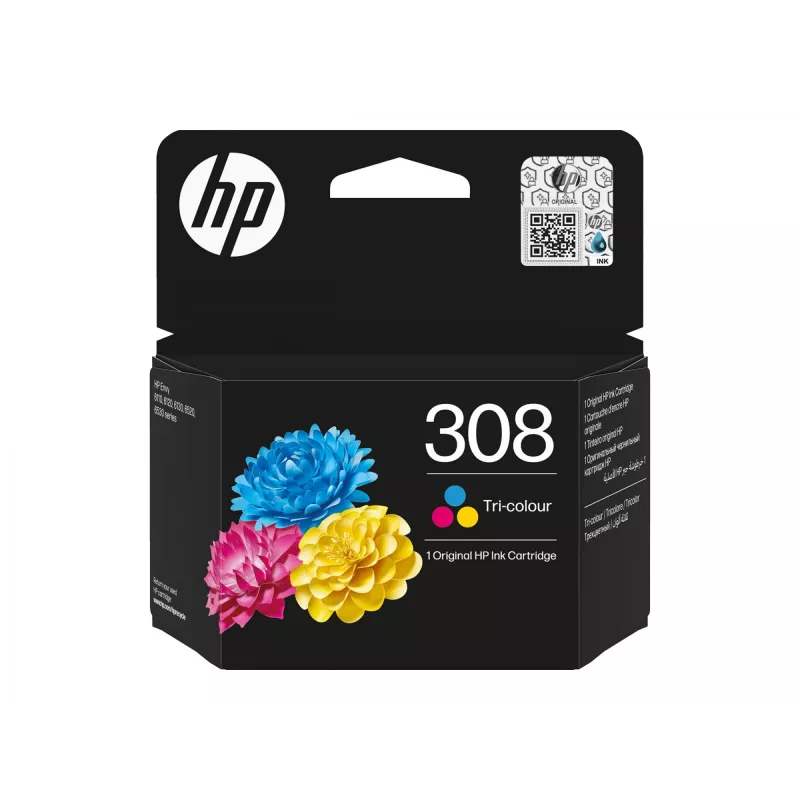 HP 308 cartucho de tinta original, 3 colores, rendimiento estándar, cian, magenta, amarillo, tinta de colorante, 1 ud., 120 páginas, pack combinado
