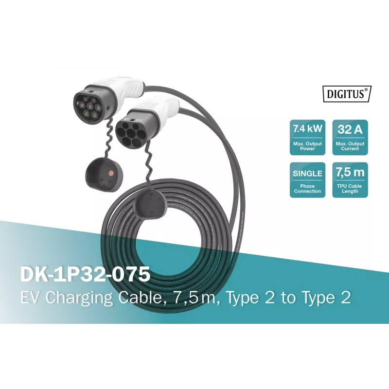 Cable de carga para VE Digitus 7,5 m Type 2 a Type 2 32 A 240 V