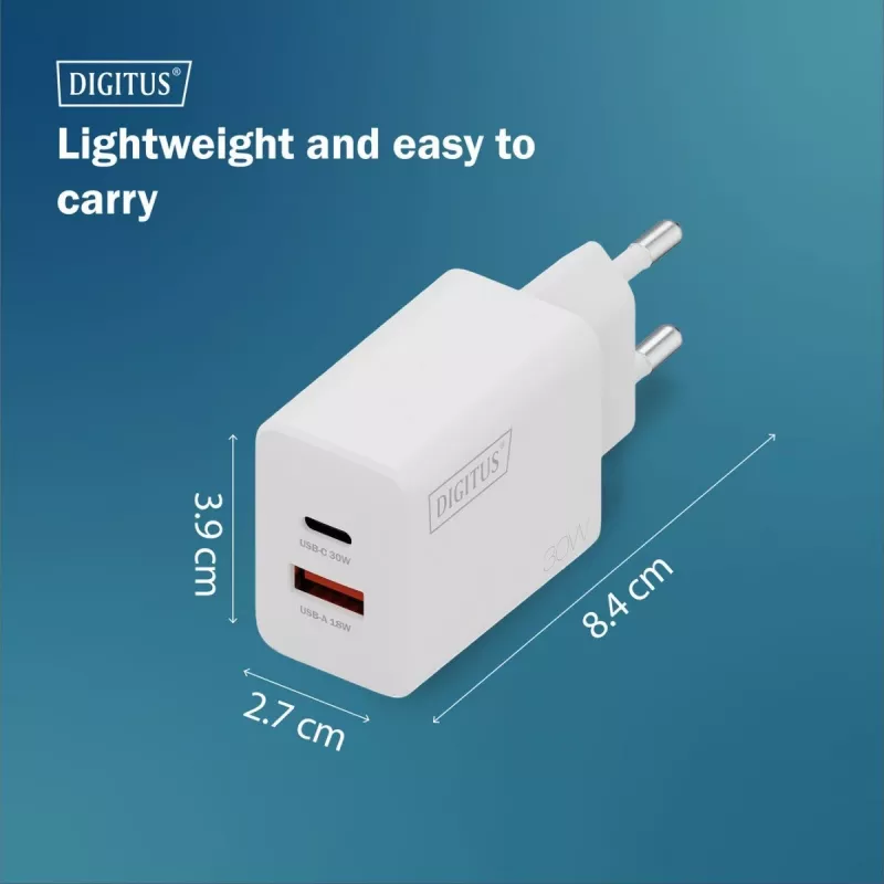 Cargador USB GaN de interior DIGITUS DA-10301 — 30W, 1× USB-C, 1× USB-A, 100–240V, blanco