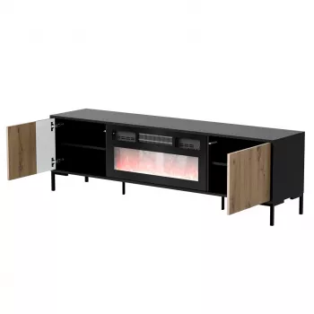 Mueble TV cama meble MERCI con chimenea, 180 x 40 x 53,5 cm, superficie negra, marco en roble artisan