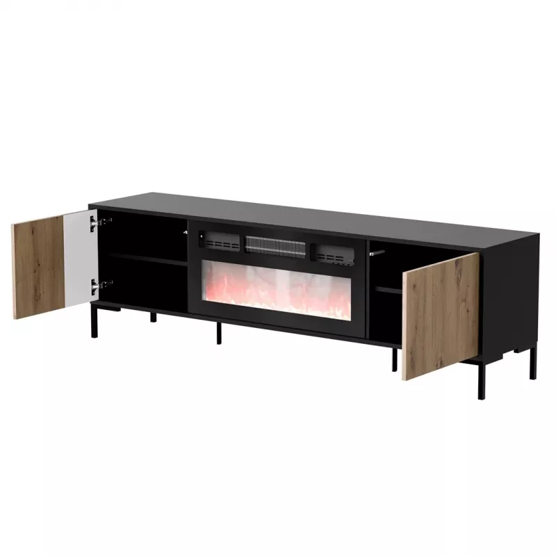 Mueble TV cama meble MERCI con chimenea, 180 x 40 x 53,5 cm, superficie negra, marco en roble artisan