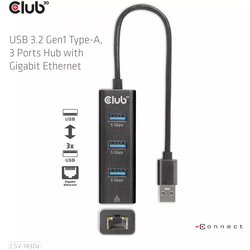 Hub USB CLUB3D USB 3.2 Gen1 Type-A con 3 puertos y Gigabit Ethernet