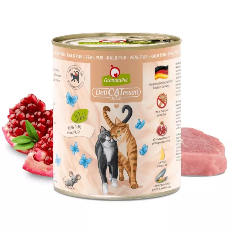 Comida húmeda para gatos Fox4Pets DeliCATessen Pur ternera 800 g lata, adult, alimento completo, hipoalergénico, sin gluten ni soja