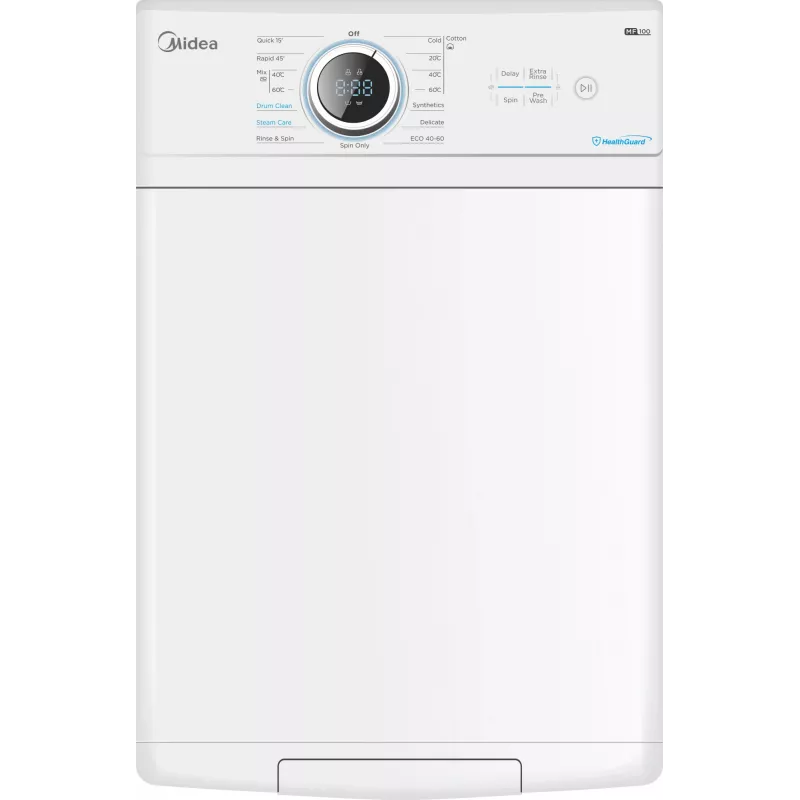 Lavadora Midea | MF100T60B/W-HR | Clase de eficiencia energética A | Carga superior | Capacidad de lavado 6 kg | 1200 rpm | Profundidad 61 cm | Ancho 40 cm | Pantalla | LED | Función vapor | W