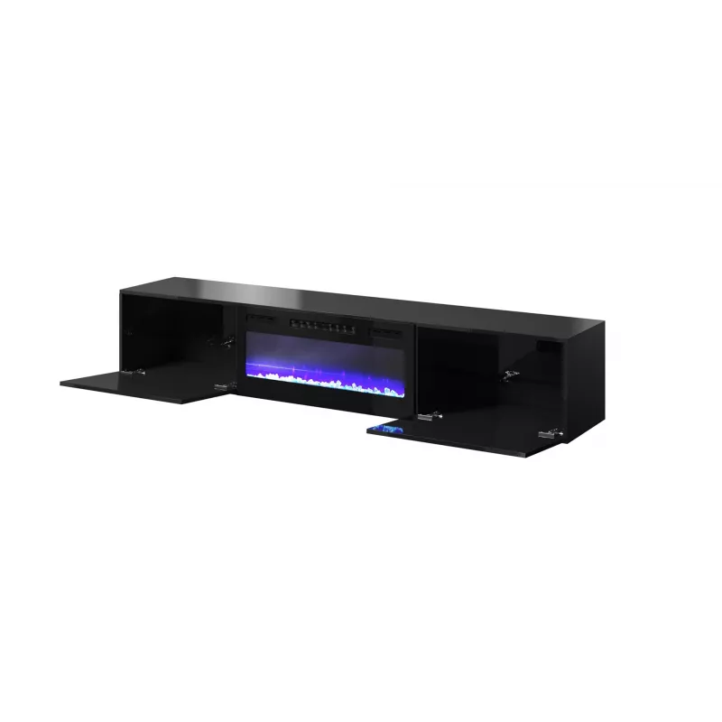 Mueble TV Cama Meble SLIDE 200K con chimenea eléctrica 200×40×37 cm negro brillante, puertas de MDF, cuerpo de tablero de partículas