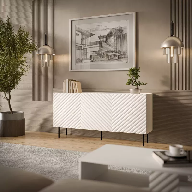 Cómoda Cama Meble LUCCA 3D 165x40x80 cm, blanca, cuerpo de aglomerado