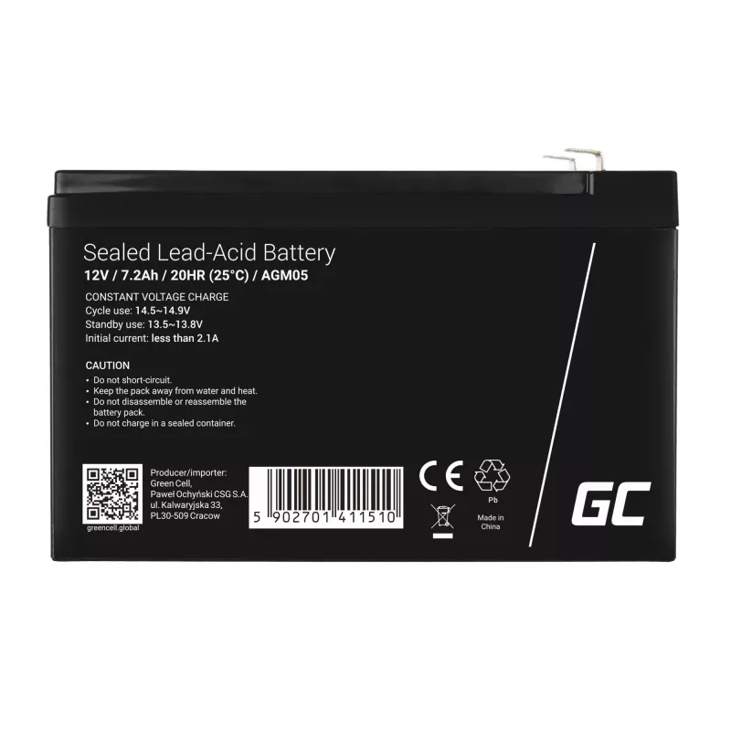 Batería para SAI Green Cell AGM05 — 12 V 7,2 Ah plomo-ácido VRLA, 95 mm de altura, 151×65 mm, 2,15 kg