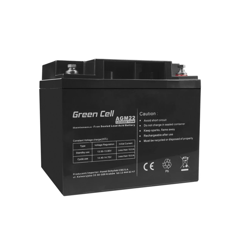 Green Cell AGM22 batería para SAI, AGM de plomo-ácido sellada (VRLA), 12 V 40 Ah, 170 x 165 mm, 12,1 kg, negra