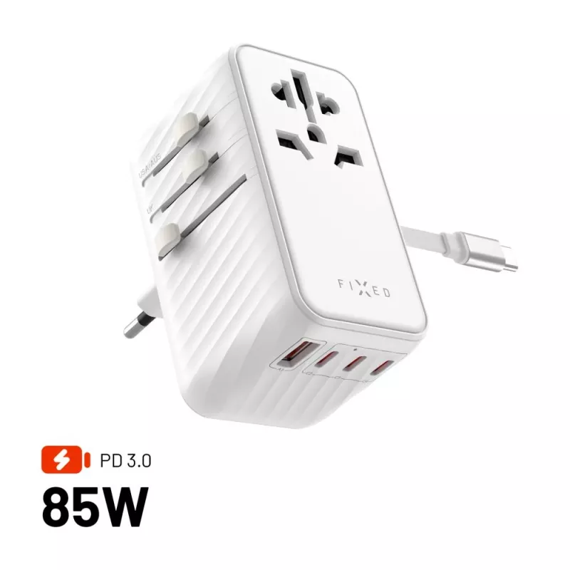 Adaptador de viaje FIXED Voyager 85W para EU, UK y USA/AUS, con 4xUSB-C y 1xUSB salida | Adaptador