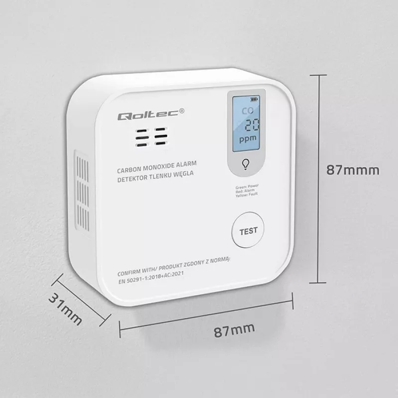 Sensor de monóxido de carbono QOLTEC 52577 — alarma a pilas, nivel sonoro 85 dB