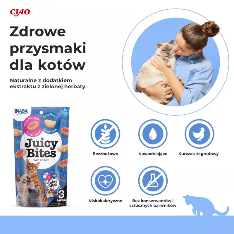 Snacks húmedos para gatos INABA Juicy Bites pollo y atún 3 sobres de 11 g, sin cereales, 24 % de proteína, 71 % de humedad