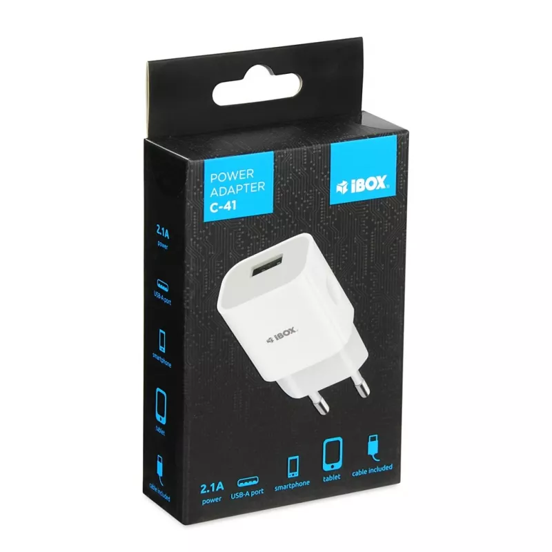 Cargador iBOX C-41 USB 2A, 1 puerto USB, cable microUSB, blanco