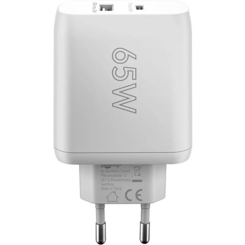 Cargador rápido dual USB-C, PD, GaN, 65 vatios (blanco, 1x USB-C, 1x USB-A, Power Delivery)