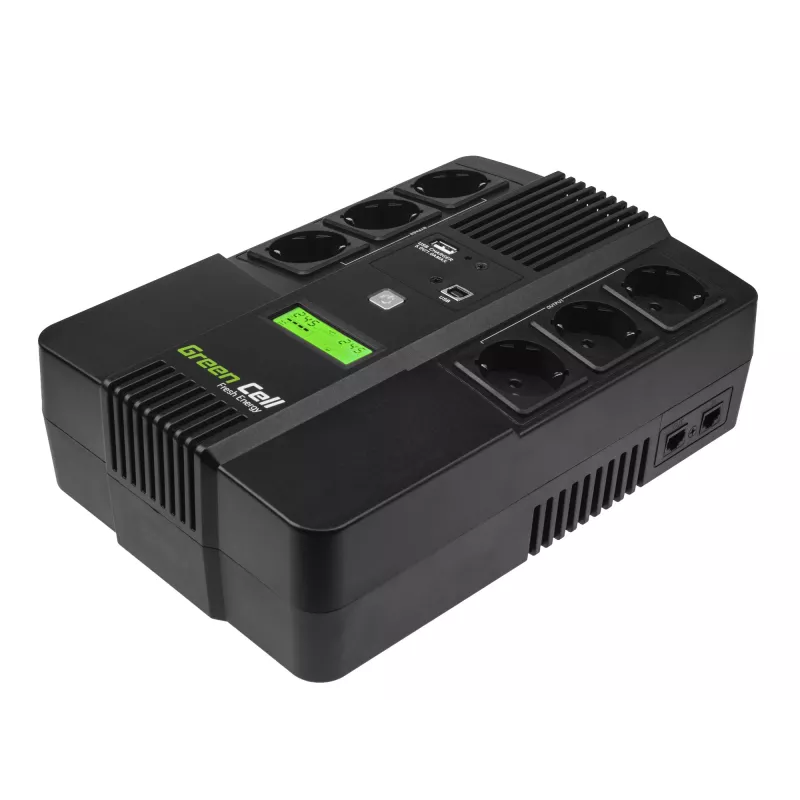 Sistema de alimentación ininterrumpida Green Cell UPS06, line-interactive 600 VA (360 W), 6 salidas AC, LCD, USB, RJ-45, batería 12 V 7 Ah