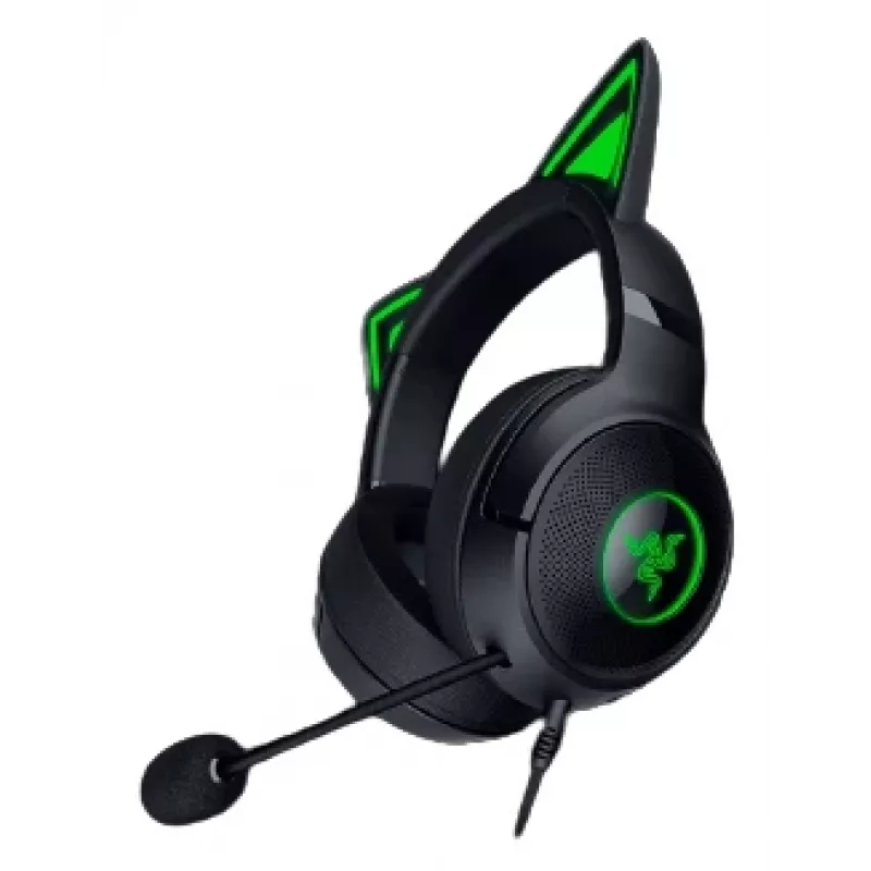 Kraken Kitty V2 - Negro, Auriculares gaming, Orejas Kitty, Iluminación reactiva al streaming, Micrófono cardioide HyperClear, Controladores TriForce de 40 mm, Micrófono integrado en las orejeras, Razer Chroma RGB (oreja y orejeras), Sonido envolvente: Solo disponible en
