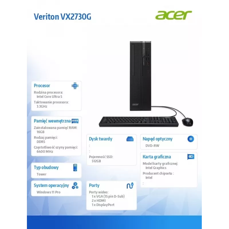 PC de sobremesa Acer Veriton VX2730G U5 225 con 16 GB RAM y 512 GB SSD, Windows 11 Pro