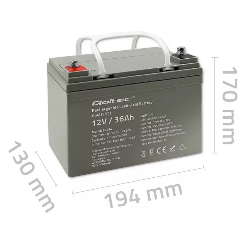 Batería SAI AGM sellada QOLTEC 53084 12V 36Ah LongLife